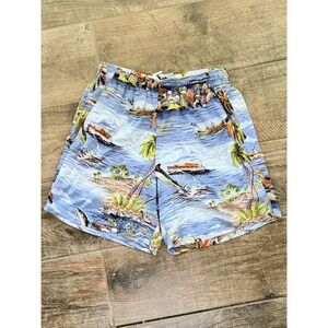 Reyn Spooner VIntage Y2K Hawaiian Fishing Print 7" Swim Board Shorts, Blue, M